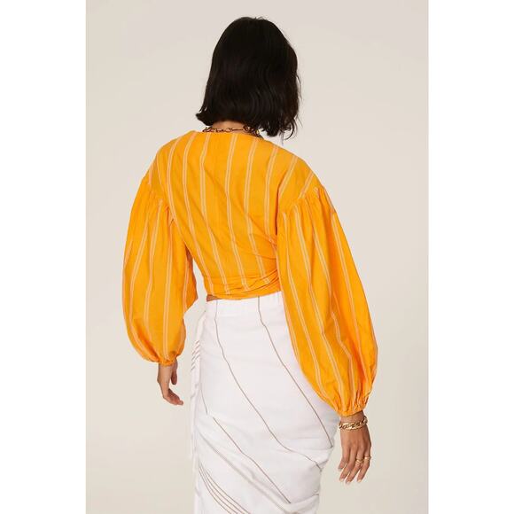 Acler Wyatt Orange Stripped Puff Sleeves Summer Wrap Cropped Blouse 10 - Picture 2 of 9